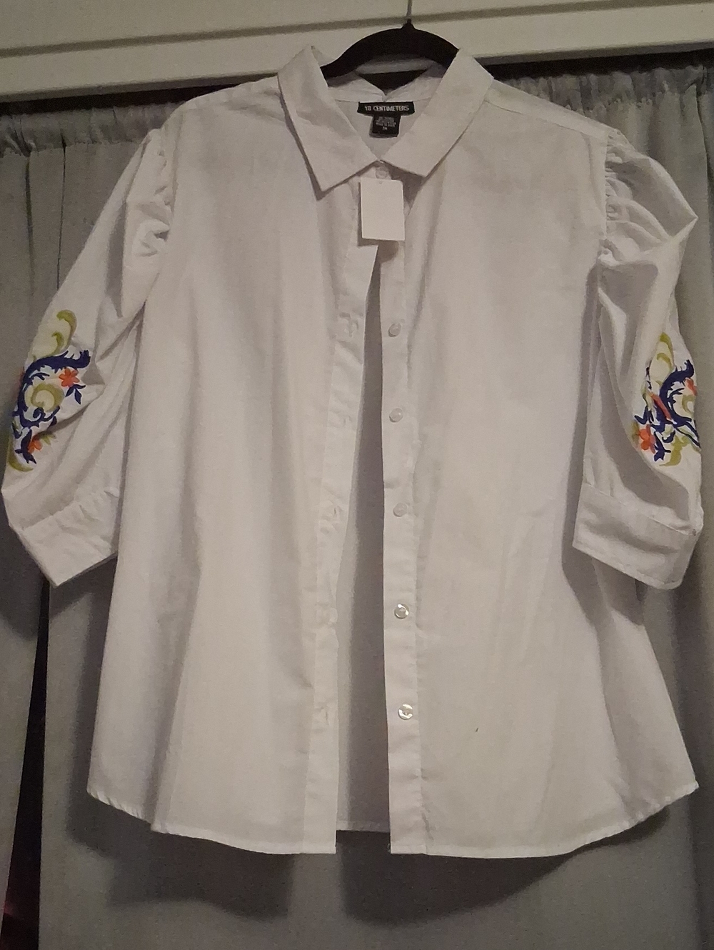White Button-Down Shirt with Colorful Embroidered Sleeves -